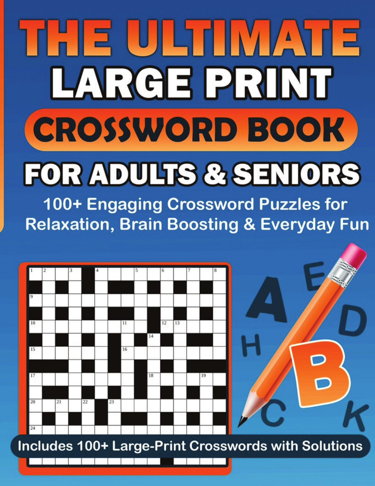 Blue cover of The Ultimate Large Print Crossword Book for Adults & Seniors with a crossword grid and pencil